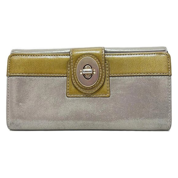 Auth COACH - Gray Beige Khaki Chemical Fiber Patent Leather Long Wallet - Picture 2 of 6